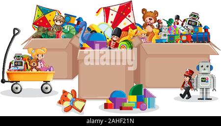 Trois cartons pleins de jouets sur fond blanc illustration Illustration de Vecteur