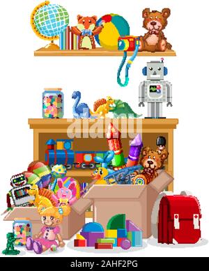 Tablette et cartons pleins de jouets sur fond blanc illustration Illustration de Vecteur