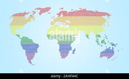 Carte du monde en pointillés avec le mouvement LGBT couleurs du drapeau arc-en-ciel sur fond bleu clair. Concept illustration haute résolution. Banque D'Images
