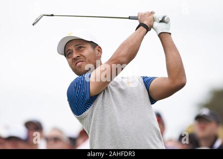 12 décembre 2019, Melbourne, Victoria, Australila : Xander Schauffele tees off au cours du deuxième tour de la Coupe des Présidents au Royal Melbourne Golf Club. (Crédit Image : © Debby Wong/Zuma sur le fil) Banque D'Images