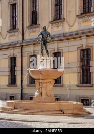 Le tireur fontaine en face de l'Université de Wroclaw, Wroclaw, Basse-silésie, Pologne Banque D'Images
