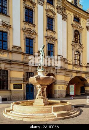 Le tireur fontaine en face de l'Université de Wroclaw, Wroclaw, Basse-silésie, Pologne Banque D'Images