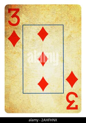 Trois de Diamond Vintage playing card - isolated on white (chemin inclus) Banque D'Images