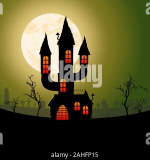 Spooky château sombre en face d'une pleine lune avec beaucoup de pierres et d'autres éléments illustrés effrayant Halloween pour les modèles d'arrière-plan Illustration de Vecteur