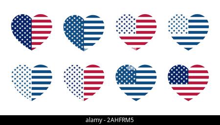 Un ensemble de cœurs dans la forme et les couleurs du drapeau américain, ainsi qu'en classique bleu. Silhouettes de symbolique les coeurs des stars and stripes. Illustration de Vecteur