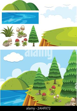 Nature paysage de falaises avec des arbres et des champignons illustration Illustration de Vecteur