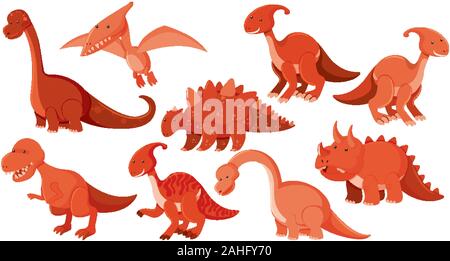 Grand ensemble de différents types de dinosaures en rouge illustration Illustration de Vecteur
