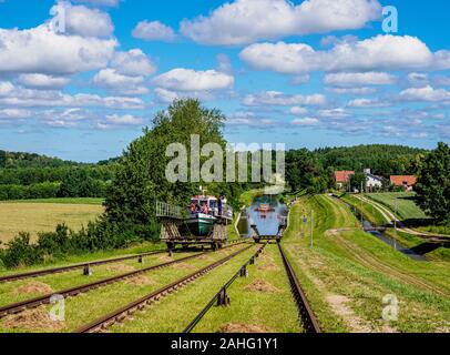 Bateau de tourisme dans la station à plan incliné à Katy, Canal d'Elblag, Pologne, Voïvodie Warmian-Masurian Banque D'Images