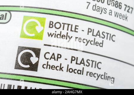 JUS de citron COOP-label dans une bouteille en plastique. Pour les étiquettes d'ingrédients alimentaires, symbole largement recyclé, informations sur les aliments, informations sur le recyclage, emballages alimentaires en plastique Banque D'Images