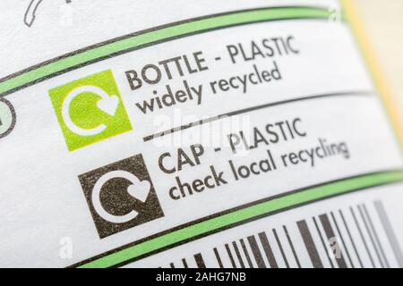 JUS de citron COOP-label dans une bouteille en plastique. Pour les étiquettes d'ingrédients alimentaires, symbole largement recyclé, informations sur les aliments, informations sur le recyclage, emballages alimentaires en plastique Banque D'Images