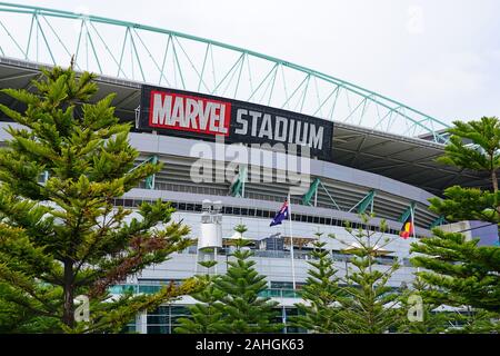 MELBOURNE, AUSTRALIE - 15 JUL 2019- Vue de la Merveille Stadium (stade des Docks), un terrain de sport et de divertissement dans le stade un Docklands Banque D'Images