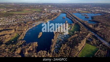 Vue aérienne, vue d'Unterbach, lac Unterbacher, Lac de l'Elbe, de l'autoroute A46, Düsseldorf, Rhénanie-du-Nord - Westphalie, Allemagne,, Camping, Camping Banque D'Images