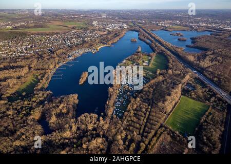 Vue aérienne, vue d'Unterbach, lac Unterbacher, Lac de l'Elbe, de l'autoroute A46, Düsseldorf, Rhénanie-du-Nord - Westphalie, Allemagne,, Camping, Camping Banque D'Images