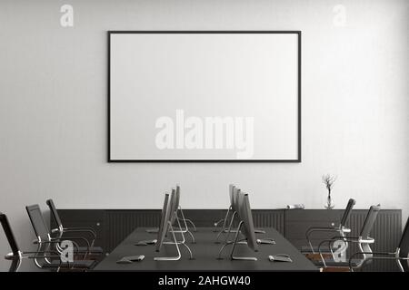 La maquette de l'affiche horizontale vierge sur le mur blanc à l'intérieur du bureau. 3D render. Banque D'Images
