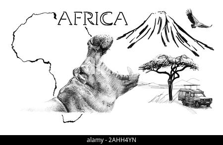 Portrait d'hippopotames sur l'Afrique avec l'arrière-plan du Kilimandjaro mountain, vautour et voiture. Collection d'illustrations faites à la main (originaux, pas de traces) Banque D'Images