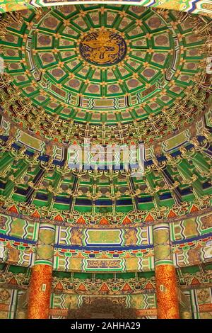 Intérieur en bois peint aux couleurs vives, la voûte céleste impériale, Le Temple du Ciel, Beijing, Chine Banque D'Images