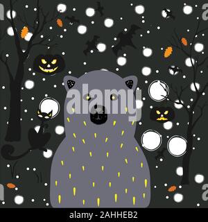 Terrifiant Ours noir avec les yeux jaunes et support vide eyed cat et de citrouilles avec yeux lumineux pour l'Halloween Thèmes. Vector Illustration Illustration de Vecteur