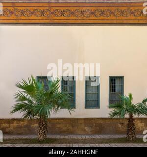 Deux petits palmiers et sol carrelé le sol en pierre en face de mur beige avec corniche colorée orange décoré de motifs floraux, et quatre volets vert Banque D'Images