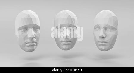 Homme ou femme créative concept face surface polygone maillage dans 3 différents angles de rendu 3d illustration Banque D'Images