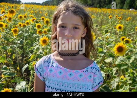 Fille dans le champ de tournesols dans l'île de Korppoo Korpo ou côte sud-ouest de la Finlande, Korpostrom archipel de Turku. L'archipel ring road ou Saariston Banque D'Images