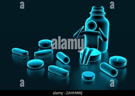 Petit homme assis sur comp. Médicaments et pilules sur fond sombre, médical comprimé, comprimé symbole. Le rendu 3D Banque D'Images