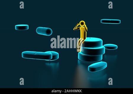 Petit homme assis sur comp. Médicaments et pilules sur fond sombre, médical comprimé, comprimé symbole. Le rendu 3D Banque D'Images