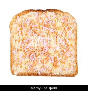 Vue de dessus de toast avec du beurre doux néerlandais et fruithails (sucre topping nutrifer) isolé sur fond blanc Banque D'Images