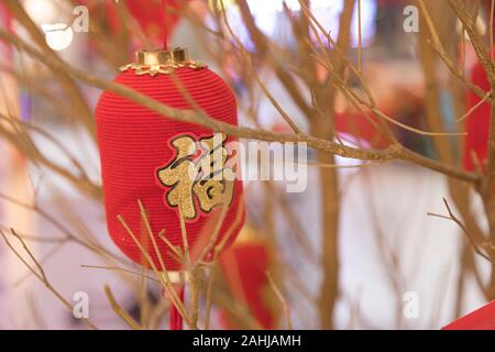 Petite lampe chinoise pour le nouvel an il y accrocher sur l'arbre. Le mot signifie chance Banque D'Images