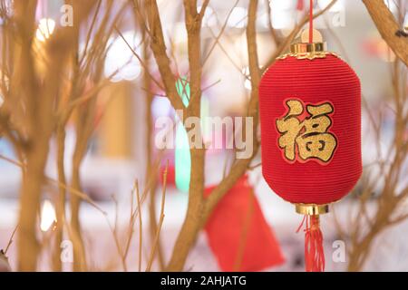 Petite lampe chinoise pour le nouvel an il y accrocher sur l'arbre. Le mot signifie chance Banque D'Images