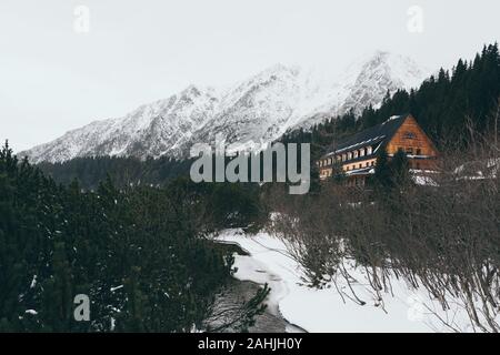 Vue sur Popradske Pleso et sommets enneigés du Haut Tatras en hiver. Banque D'Images