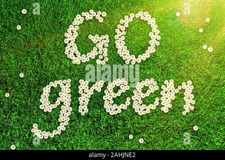 Vue de dessus de fleurs formant des mots GO GREEN on Green grass, ecology concept Banque D'Images