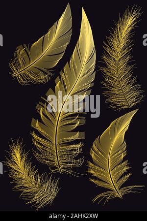 Plumes d'or, sur fond noir, vector illustration Illustration de Vecteur