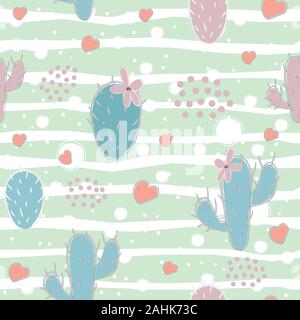 Motif transparent mignon avec les cactus et les cœurs sur fond blanc. Vector Illustration Illustration de Vecteur