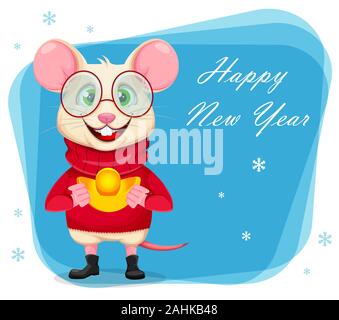 Bonne année carte de souhaits avec drôle rat dans lunettes et pull. Cute cartoon character rat. Vector illustration Illustration de Vecteur