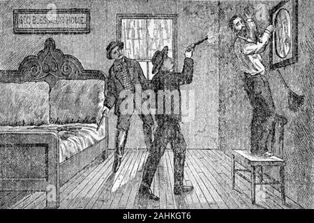 Illustration de Robert Ford tir célèbre Jesse James dans le dos alors qu'il se trouve une photo dans sa chambre. Le frère de Charles Ford regarde sur Banque D'Images