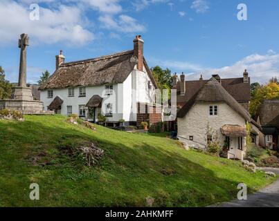Les maisons blanchies à la chaux qui entourent le village vert dans le joli village de Lustleigh Devon Banque D'Images