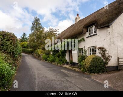 Maison en pierre au toit de chaume sur petite route dans le joli village de Devon Dunsford Banque D'Images