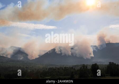 La fumée des incendies de forêt tourbillonnent dans le ciel Banque D'Images