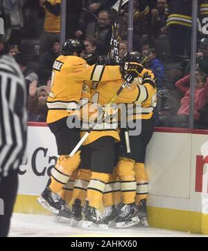 Detroit, Michigan, USA. Dec 30, 2019. Michigan Tech célèbre un but pendant un match entre Michigan Tech et Michigan State à Little Caesars Arena, Detroit, Michigan. Michigan Tech a gagné le match 4-2. Crédit : Scott Hasse/ZUMA/Alamy Fil Live News Banque D'Images