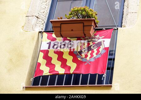 Tarragona Espagne,Hispanic Latino,Catalogne Catalunya,Pla de la Seu,Metropolitan Cathedral plaza,quartier historique,bâtiment,balcon,jardinière,drapeau,1 Banque D'Images