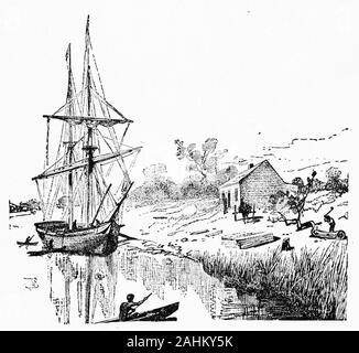 Gravure de l'accueil de la pioneer John Pascoe Fawkner, qui se sont établis sur la rivière Yarra, Melbourne, où s'élève maintenant à Victoria, en Australie. Fawkner (1792 - 1869) a financé une partie de la libre des colons de Van Diemen's Land (maintenant appelé la Tasmanie), de naviguer vers le continent dans son navire, Enterprize en 1835 . Fawkner's party a navigué jusqu'à Port Phillip et le Fleuve Yarra à trouvé un règlement qui devint la ville de Melbourne. Banque D'Images