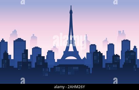 Tour Eiffel avec Bâtiment de ville le matin Illustration de Vecteur