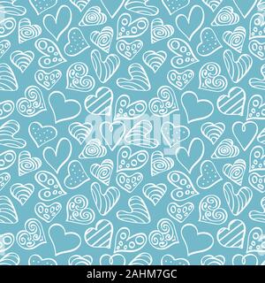 Modèle sans couture avec doodle coeur formes sur fond bleu clair. Illustartion de vecteur. Illustration de Vecteur