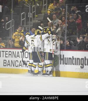 Detroit, Michigan, USA. Dec 30, 2019. Les joueurs du Michigan célébrer un but au cours d'un jeu entre le Michigan et à Ferris State Arena Little Caesars, Detroit, Michigan. Le Michigan a gagné le match 4-1. Crédit : Scott Hasse/ZUMA/Alamy Fil Live News Banque D'Images