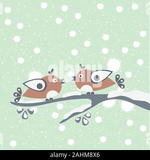 Deux oiseaux assis sur une branche. Bonjour l'hiver avec carte cartoon un oiseaux sur une branche couverte de neige. Fond d'hiver. Carte de souhaits pour l'hiver backg Illustration de Vecteur