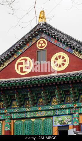 Close up image de la Roue du Dharma, un cercle et Trois Joyaux du bouddhisme, et de symboles Swastika dans un temple de la Corée du Sud avant la façade. Banque D'Images