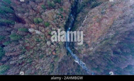 En vue de l'op d'un drone de la gorge de la rivière qui coule à travers un paysage alpin forêt brumeuse sur un hivers brumeux jour. Banque D'Images