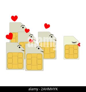 Cartes SIM dans la forme d'hommes déclarent leur amour et s'occuper de la femelle de la carte SIM du smartphone. Banque D'Images