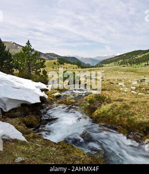 Le flux de Perafita river s'écoule de l'Madriu-Perafita-Claror Valley, dans la région de Pyrénées. Plus loin dans la prairie qu'elle recueille l'eau d'autres Banque D'Images