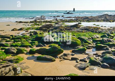 C'est une côte rocheuse à l'Est de l'île d'Yeu avec le sable et les pierres couvertes d'algues vertes, menant à la Tourelle de la Pointe des corbeaux et un Banque D'Images